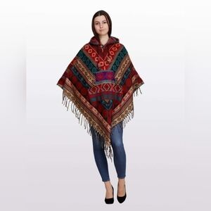 3-1129 *Boutique* Handmade In India Multicolor Aztec Design Wool Blend Poncho